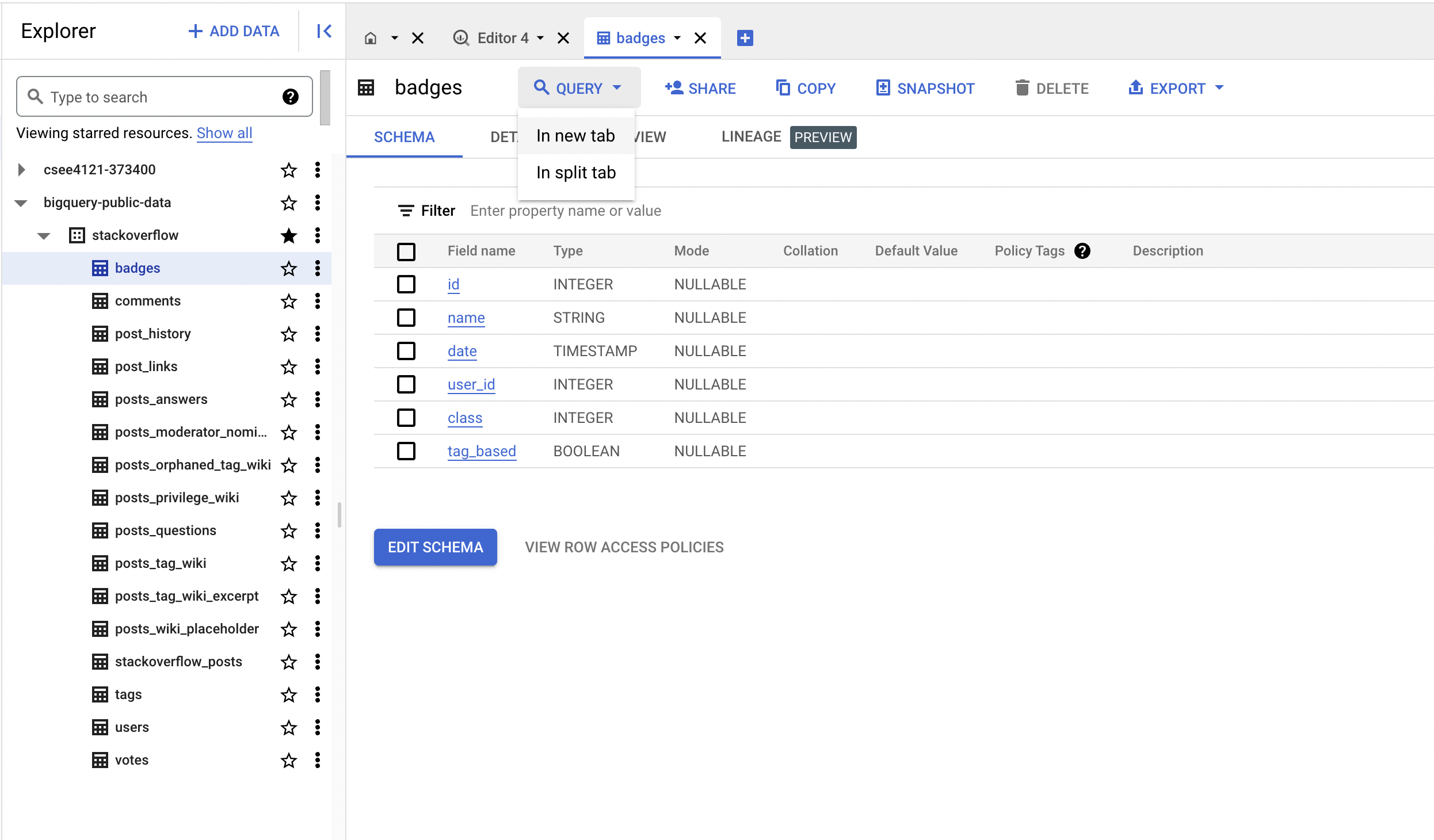 query table