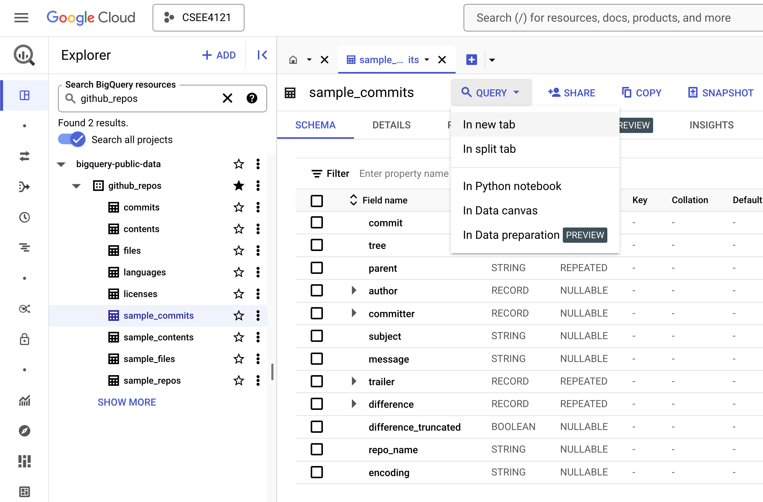 query table